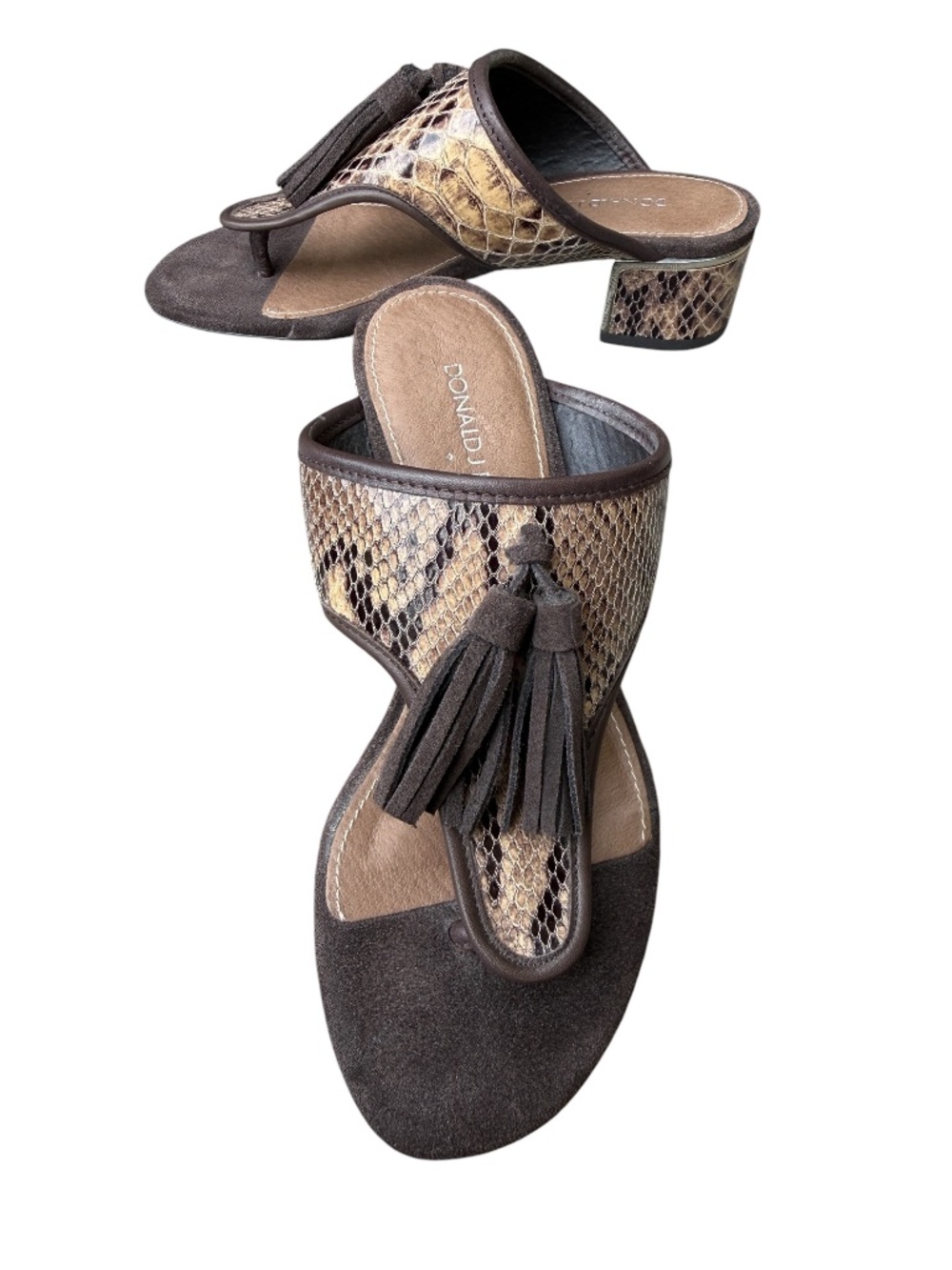 Donald J. Pliner Tira Snake Print Tassel Thong Sandals Block Heel 5